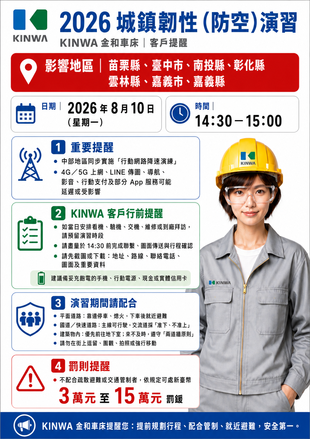 2026年8月10日中部地區城鎮韌性防空演習｜KINWA 客戶行程提醒